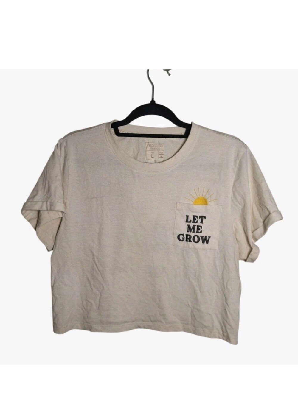 Recycled Threads Cropped "Let Me Grow" Graphic Tee Cactus Beige L Pocket